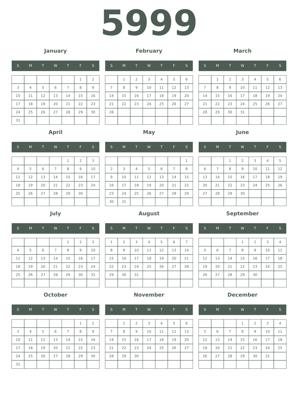Printable 5999 Year Calendars feldgrau