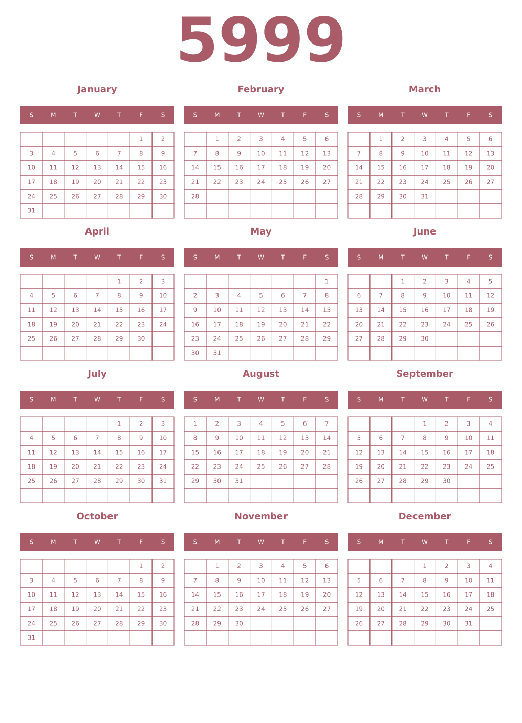 Printable 5999 Year Calendars puce