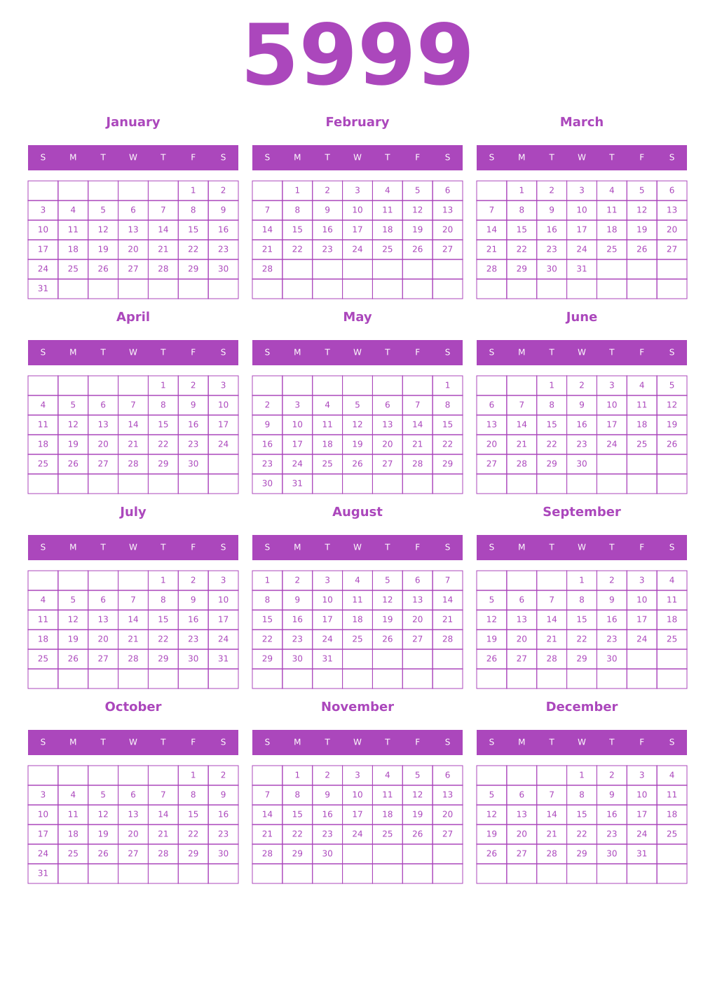 Printable 5999 Year Calendars purple