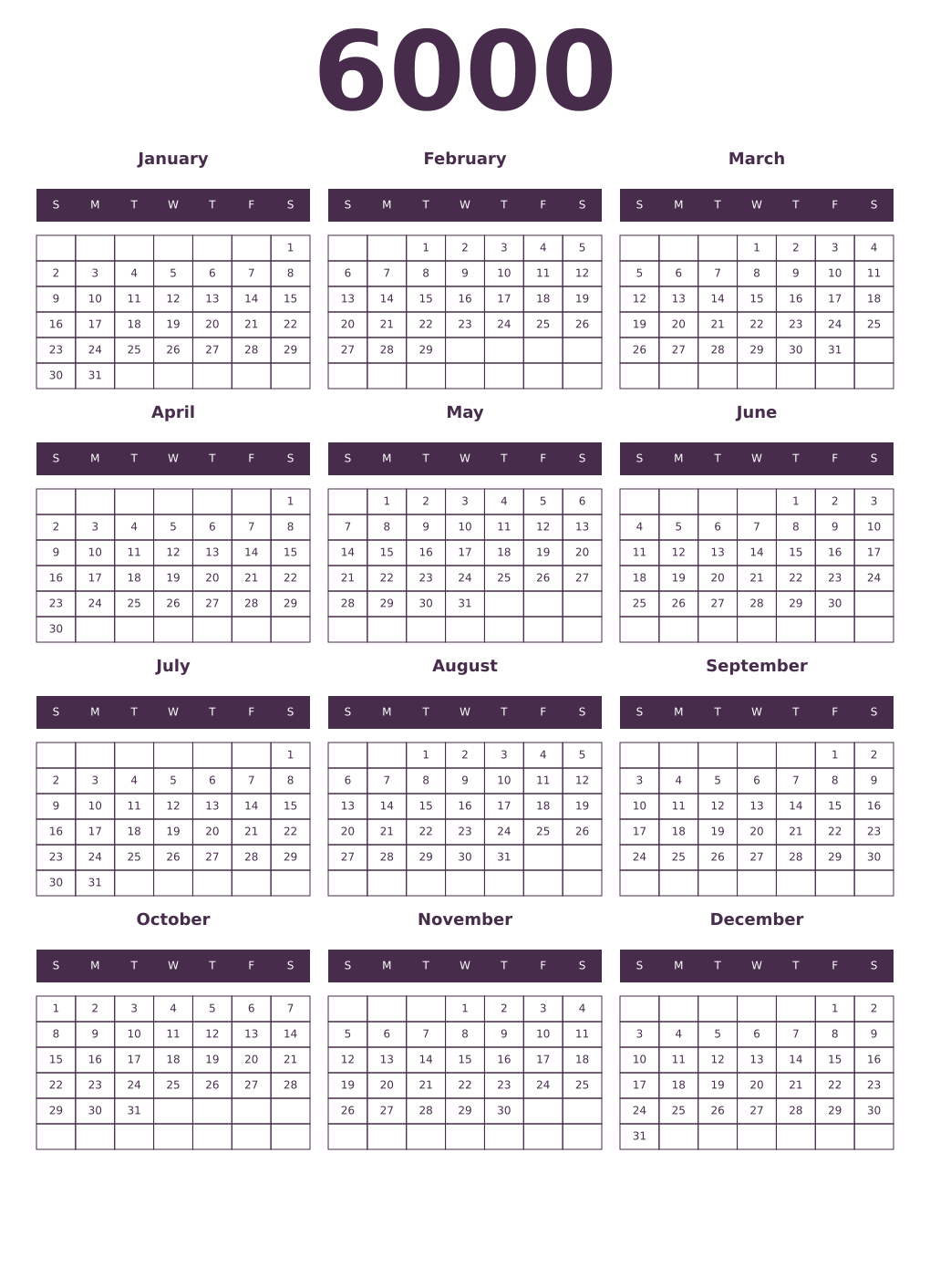Printable 6000 Year Calendars aubergine