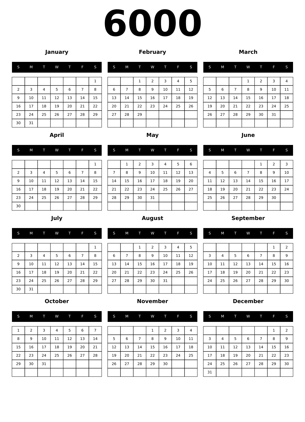 Printable 6000 Year Calendars black