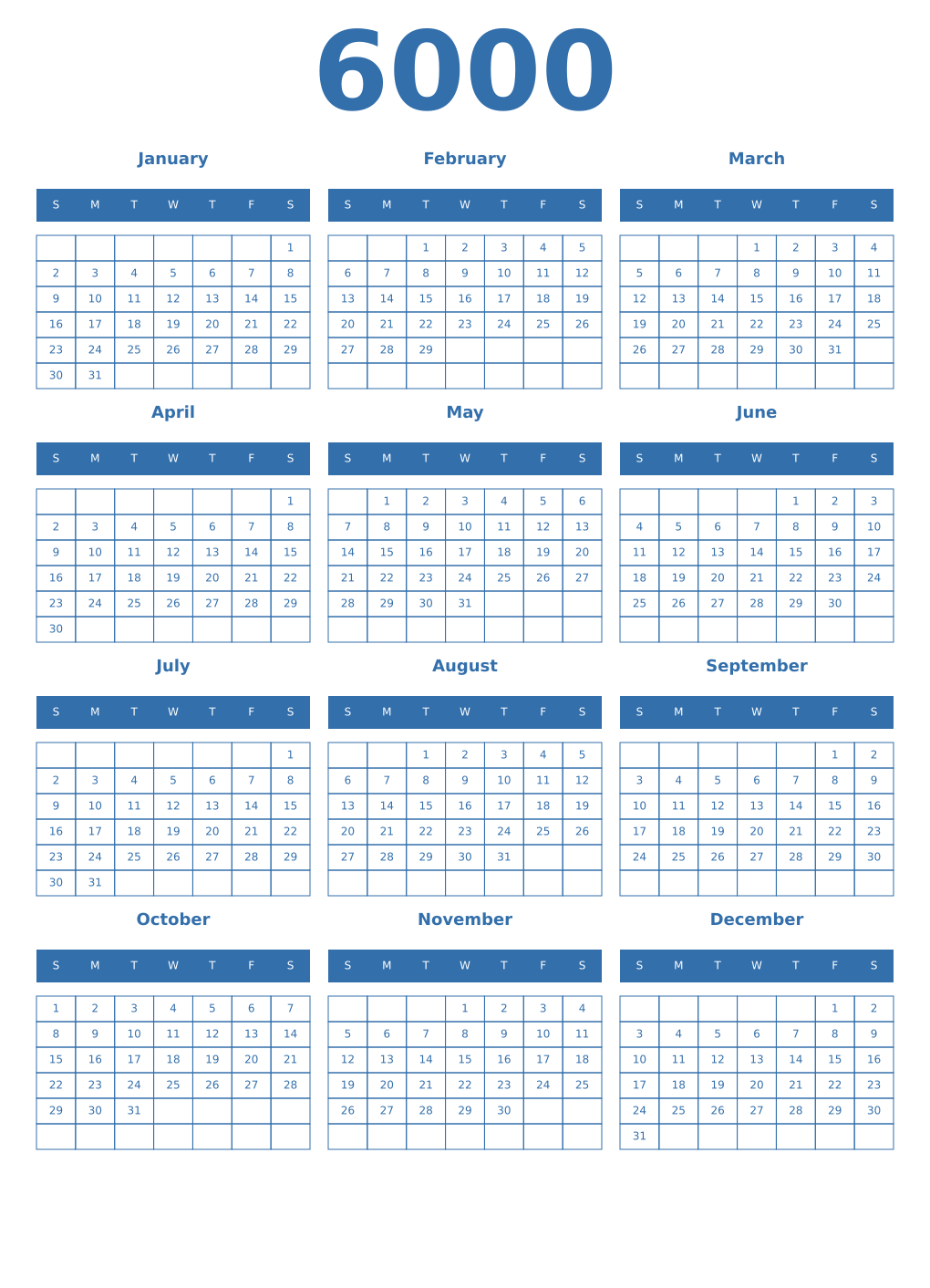 Printable 6000 Year Calendars blue