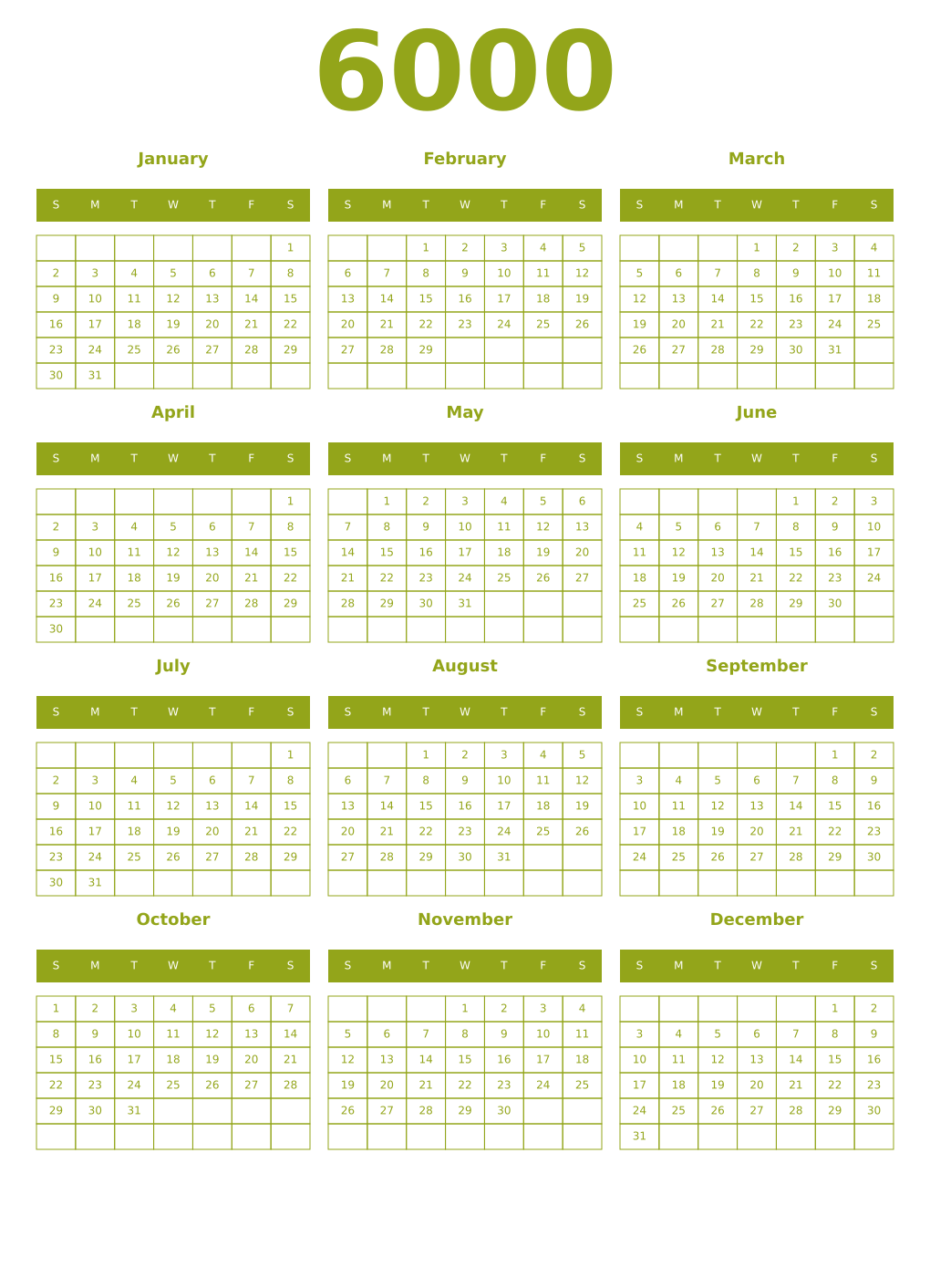 Printable 6000 Year Calendars chartreuse