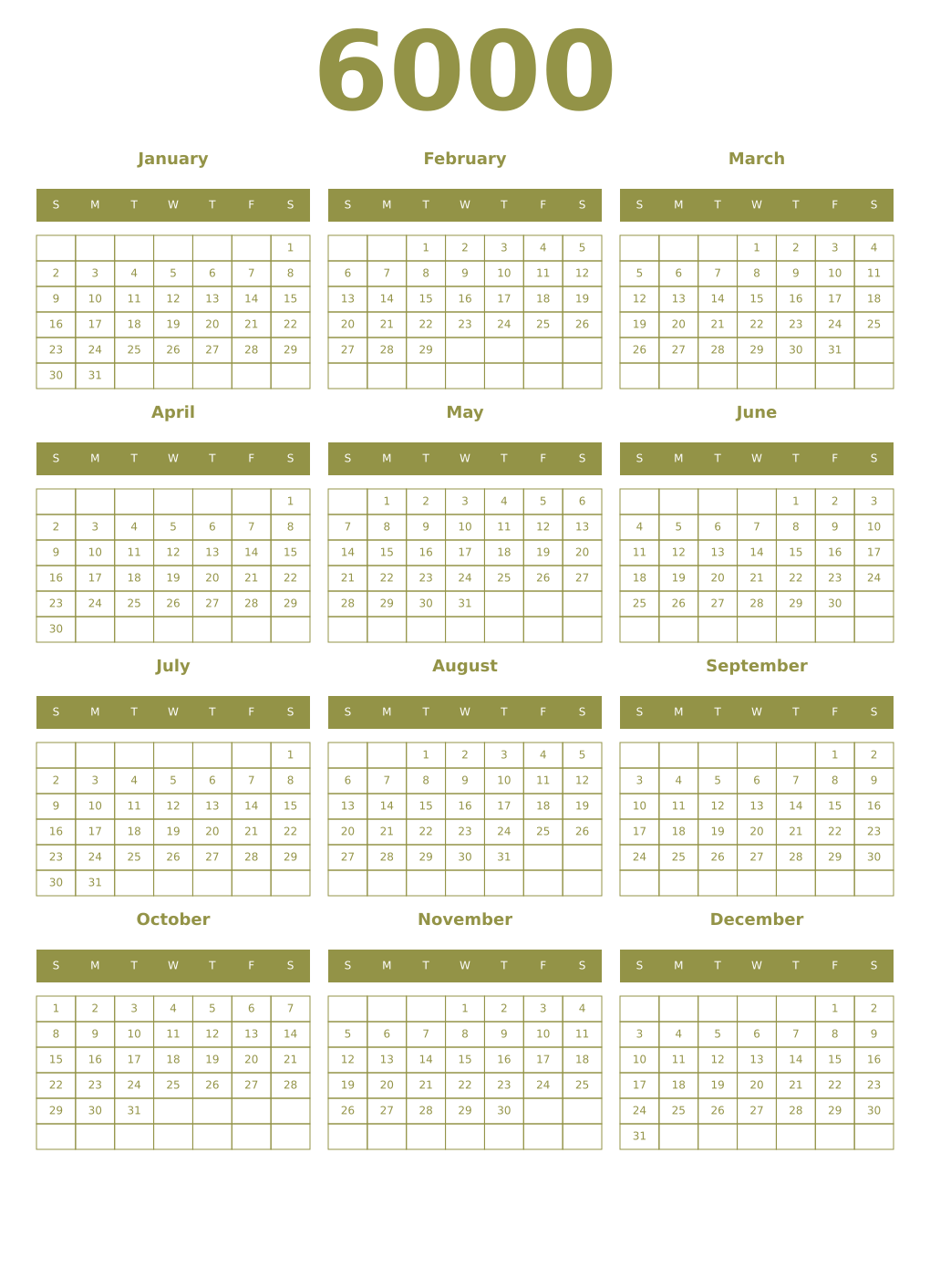 Printable 6000 Year Calendars eburnean