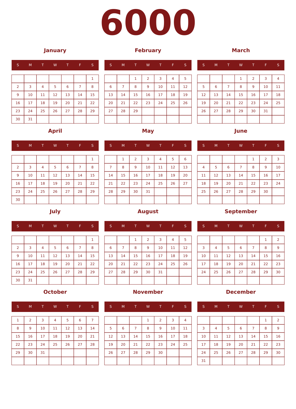 Printable 6000 Year Calendars falu