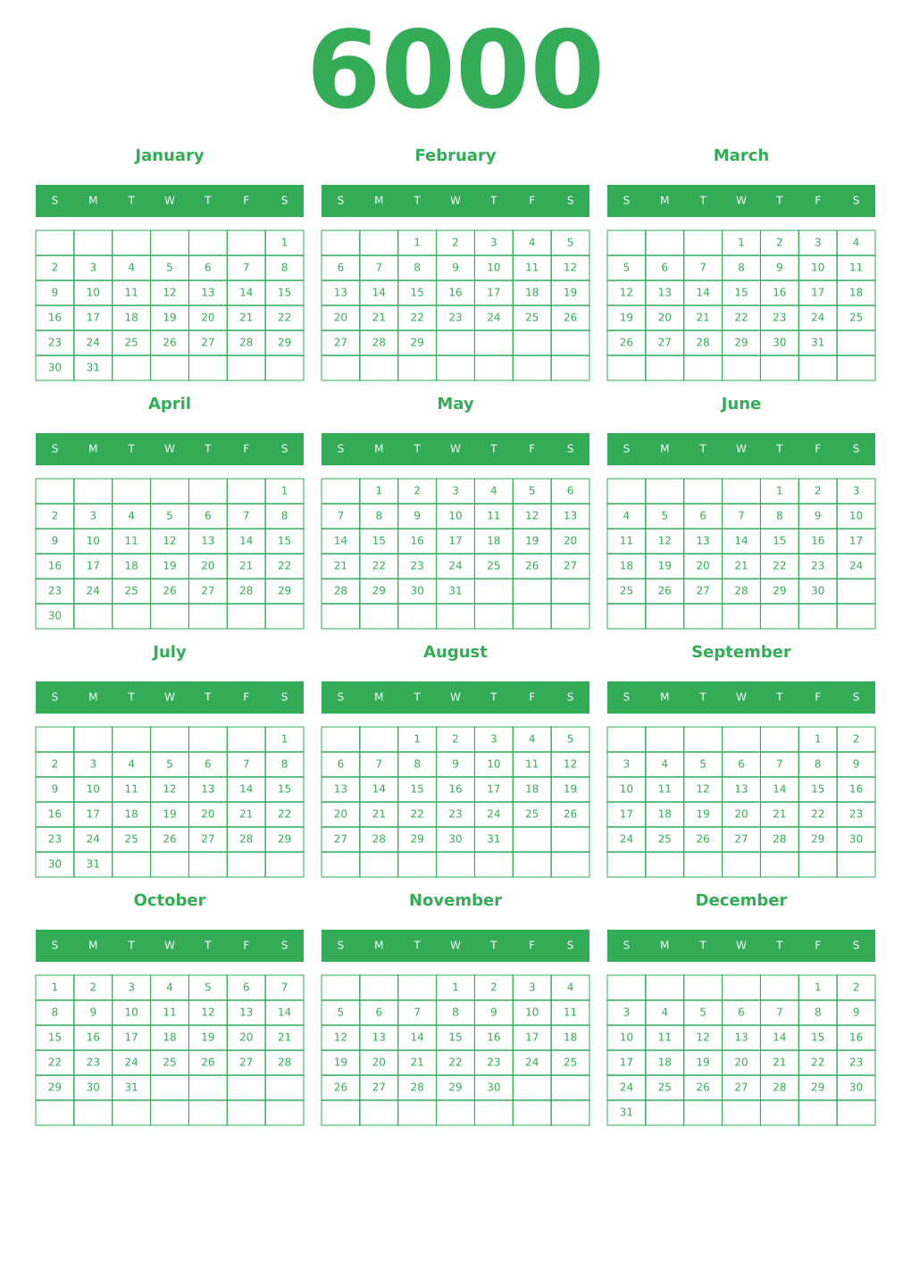 Printable 6000 Year Calendars green