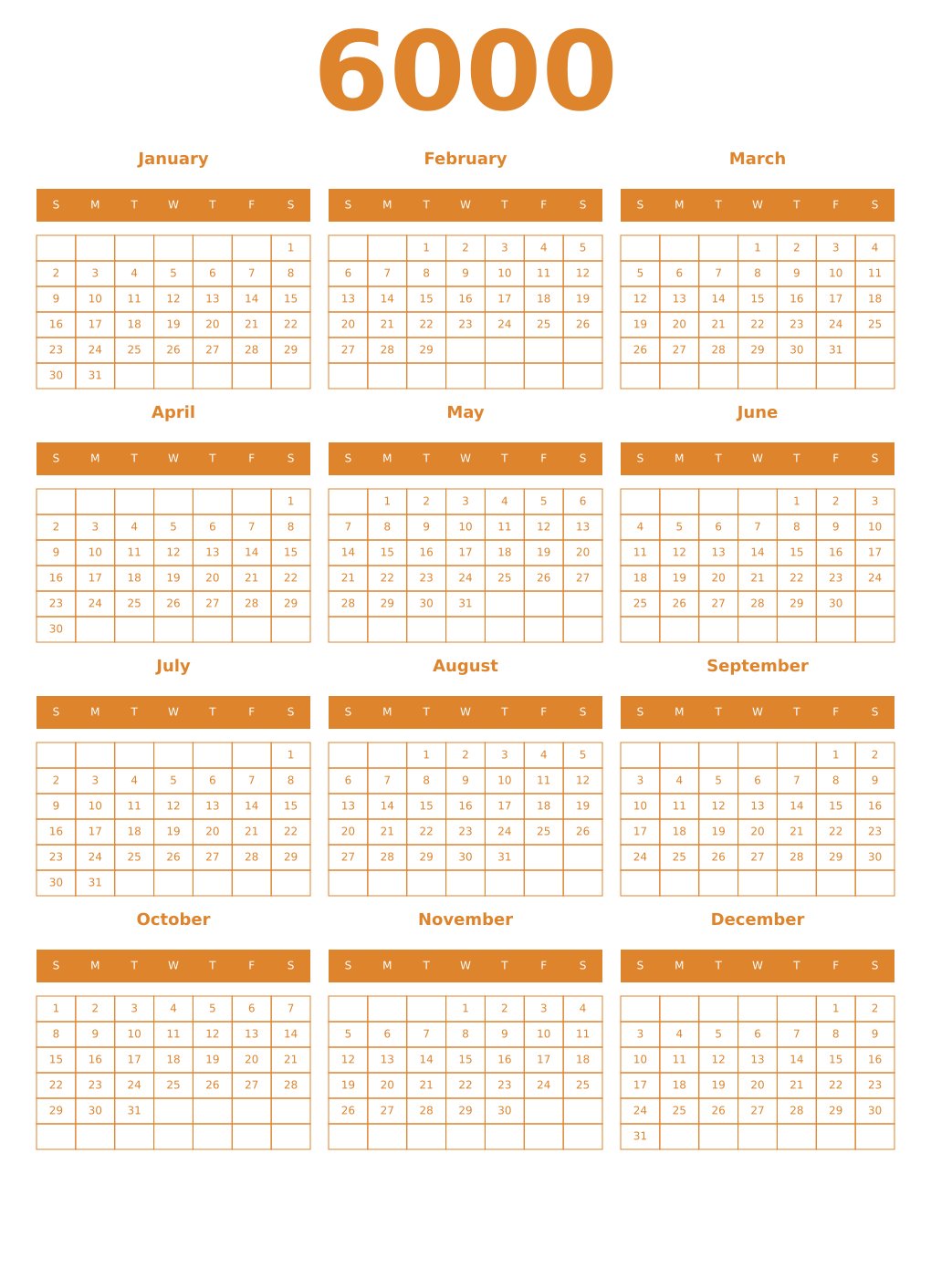 Printable 6000 Year Calendars orange