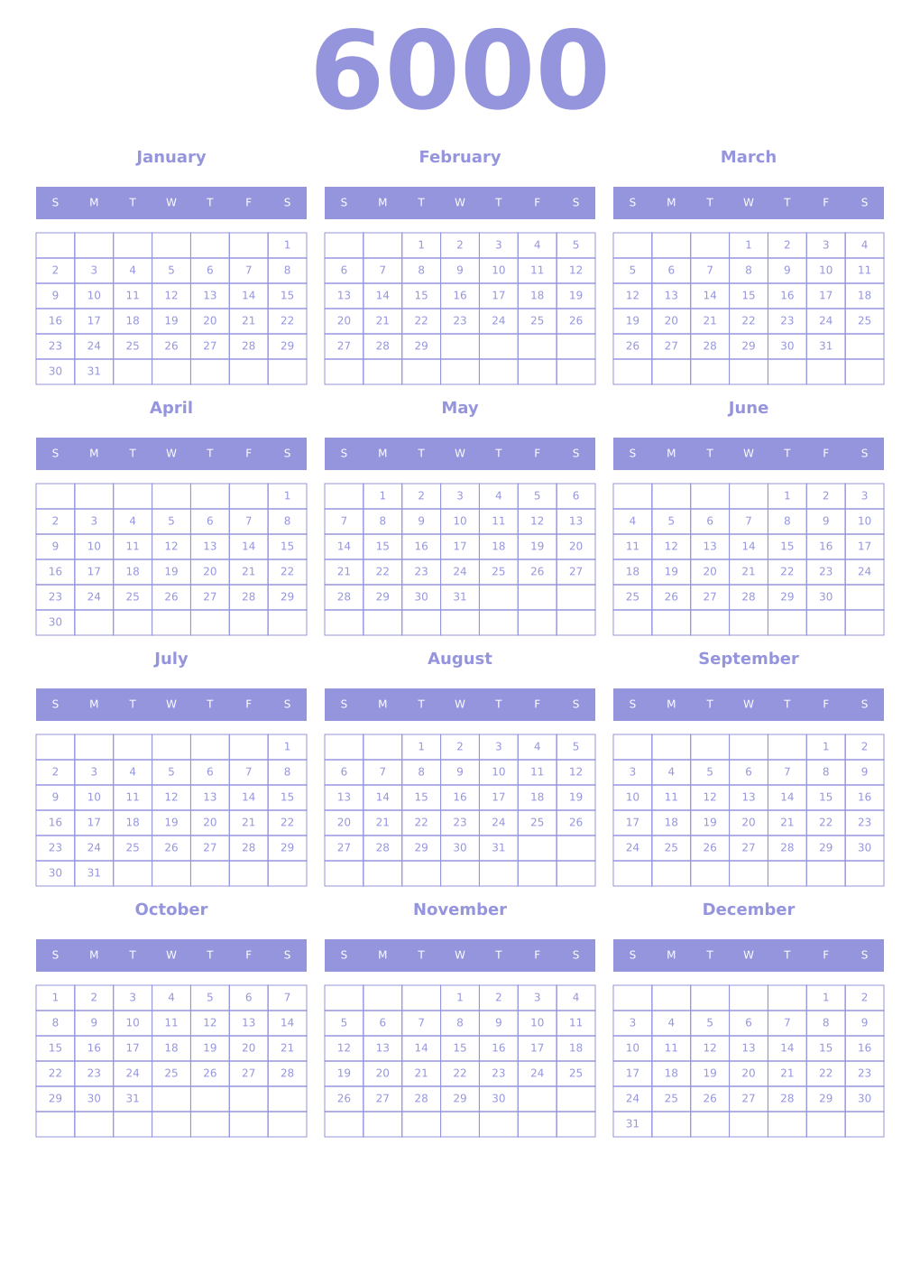Printable 6000 Year Calendars periwinkle