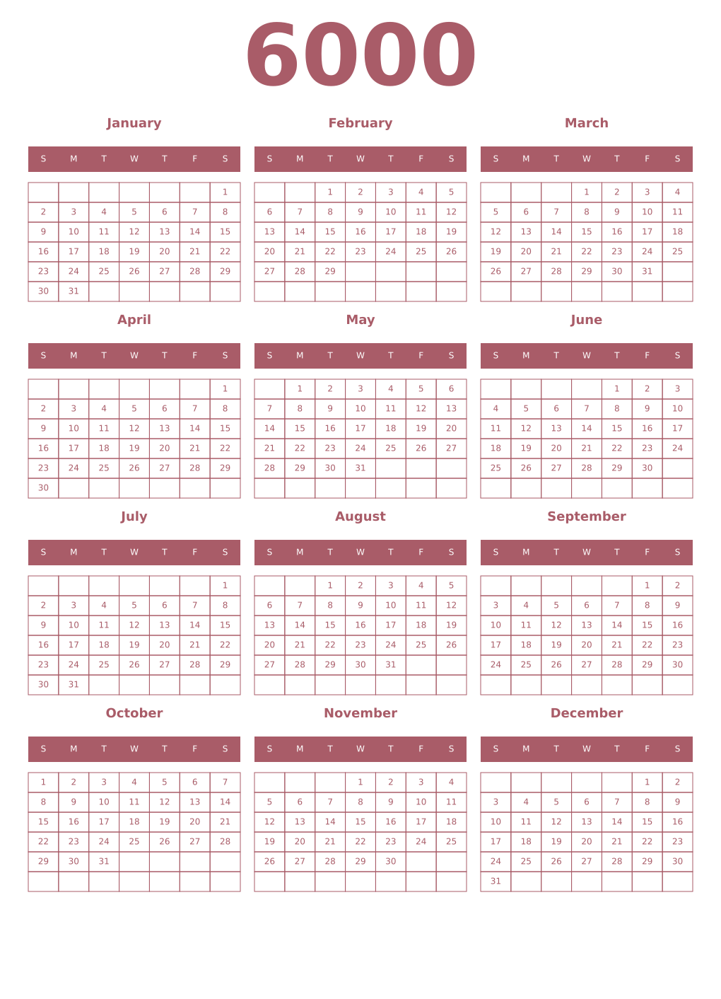 Printable 6000 Year Calendars puce