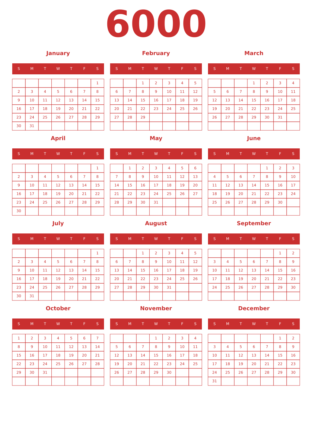 Printable 6000 Year Calendars red