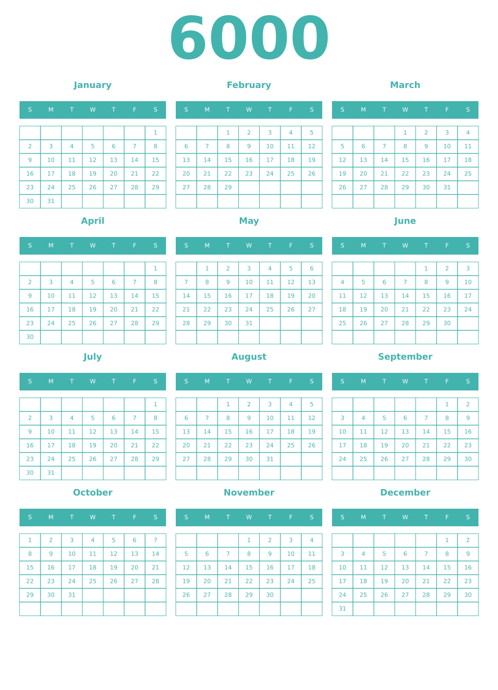 Printable 6000 Year Calendars verdigris