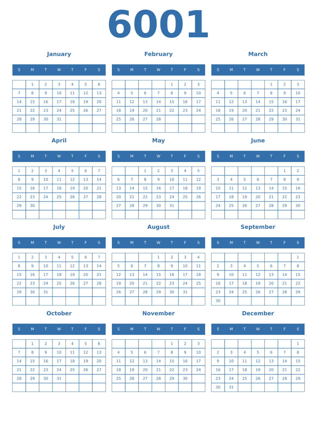 Printable 6001 Year Calendars blue