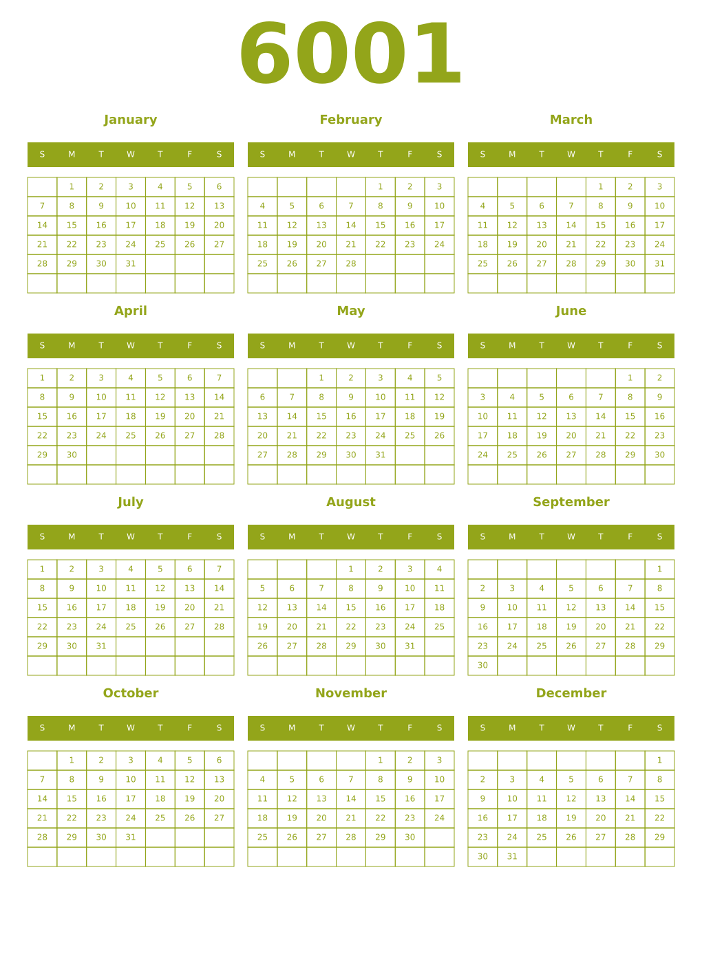 Printable 6001 Year Calendars chartreuse