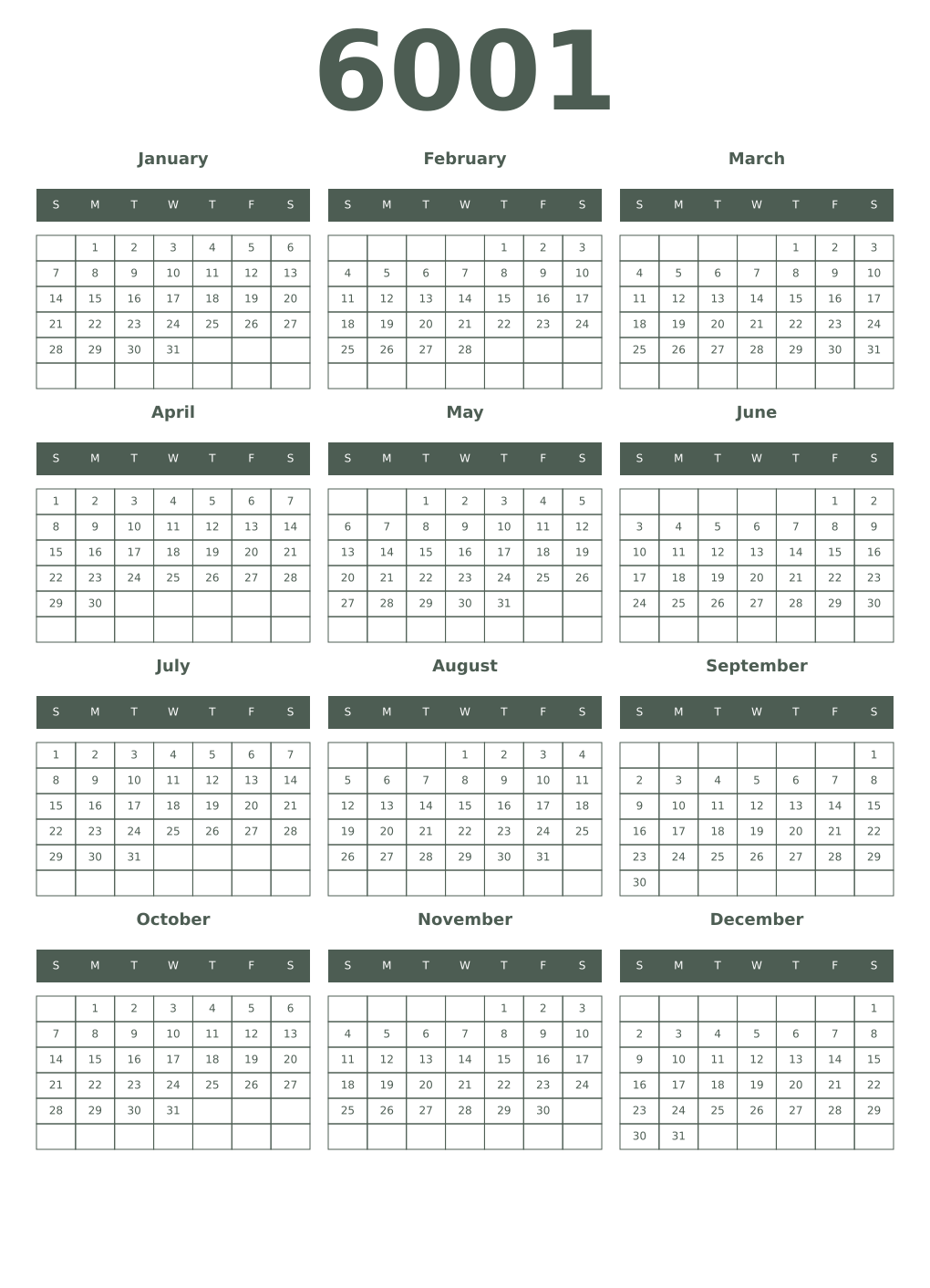Printable 6001 Year Calendars feldgrau
