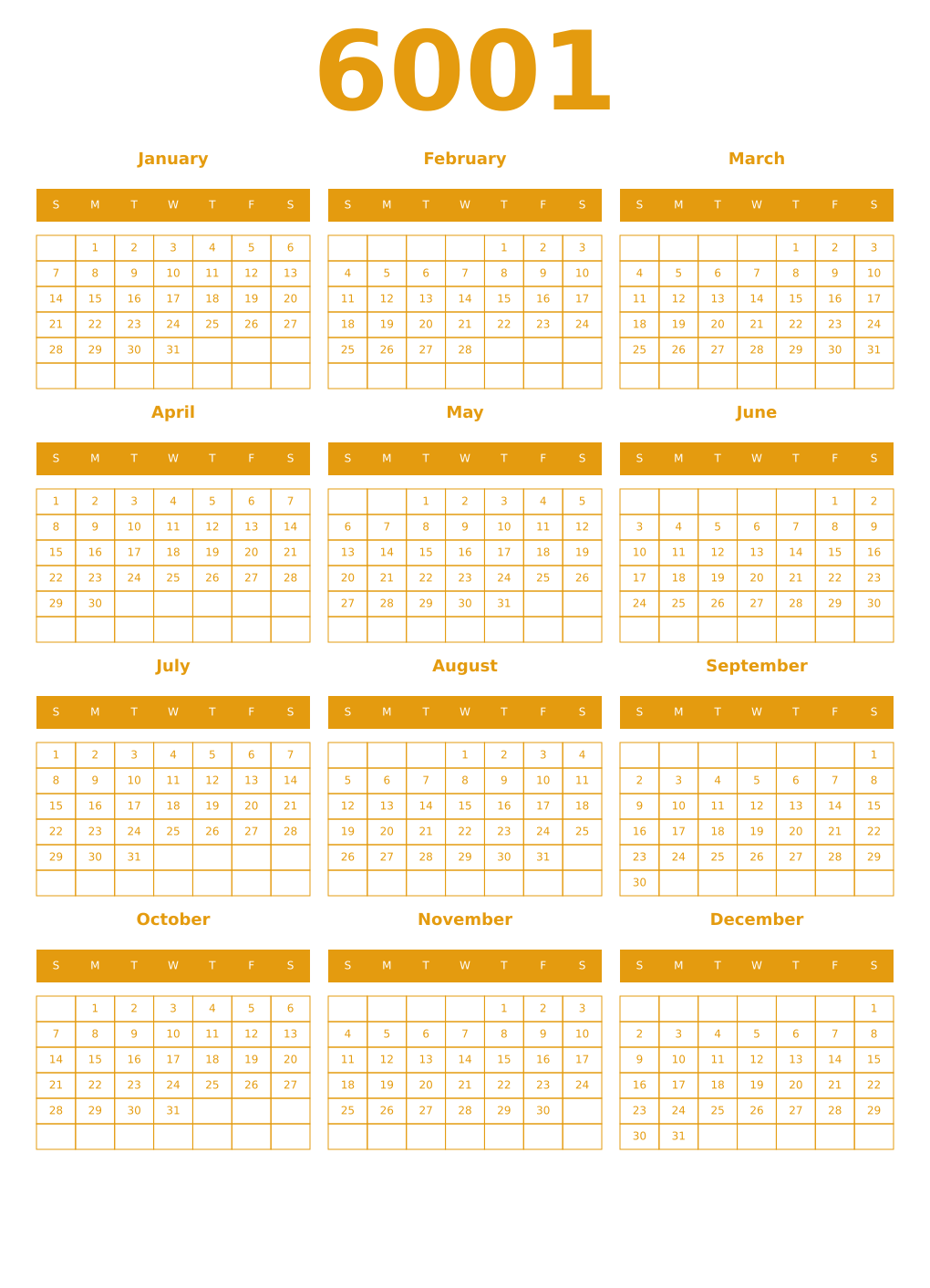Printable 6001 Year Calendars gamboge