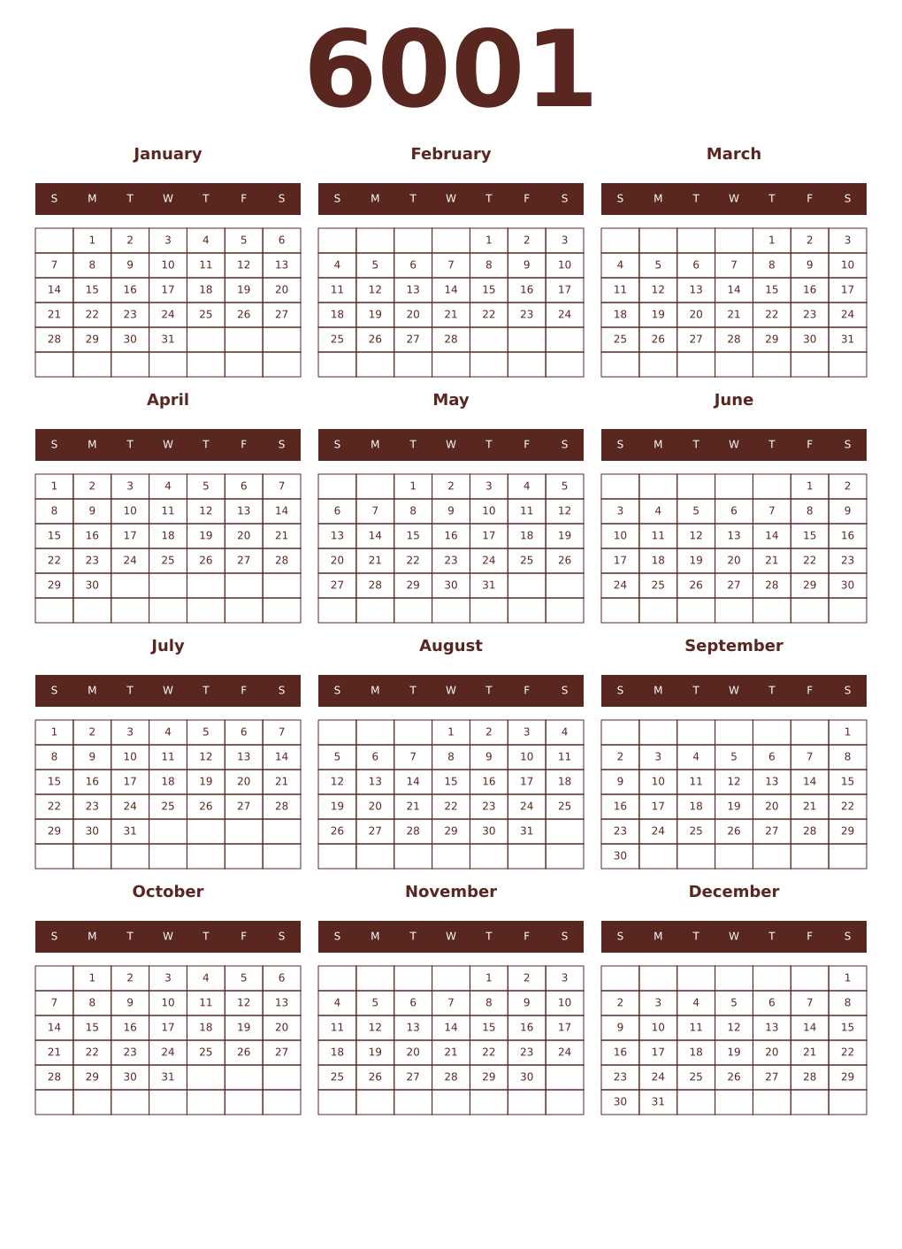 Printable 6001 Year Calendars mortuum