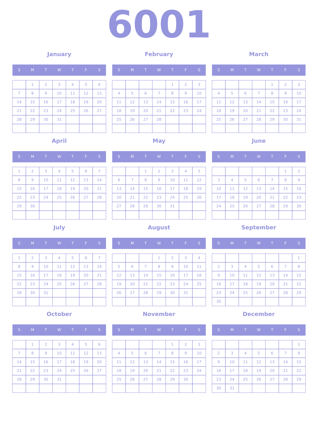 Printable 6001 Year Calendars periwinkle