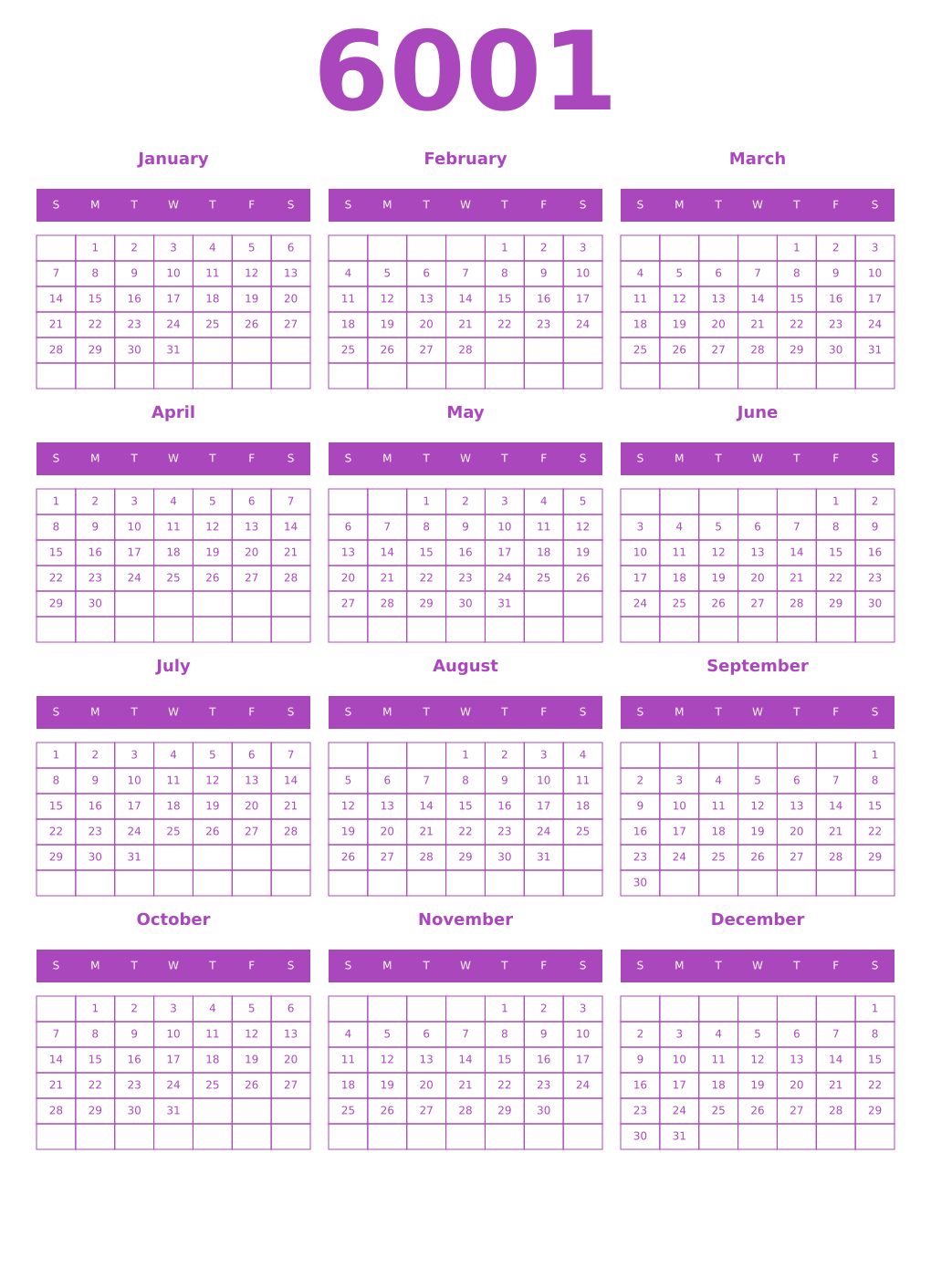 Printable 6001 Year Calendars purple