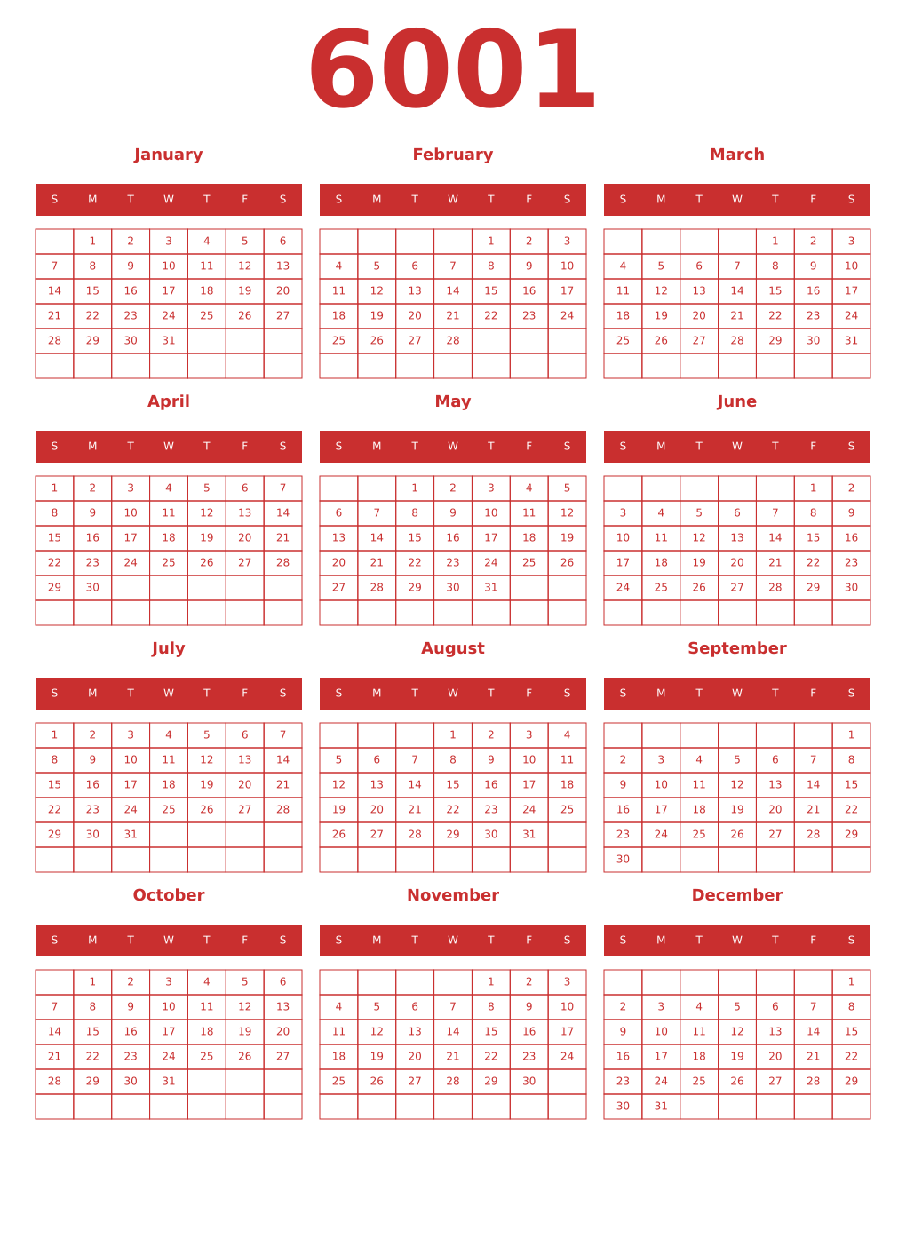 Printable 6001 Year Calendars red