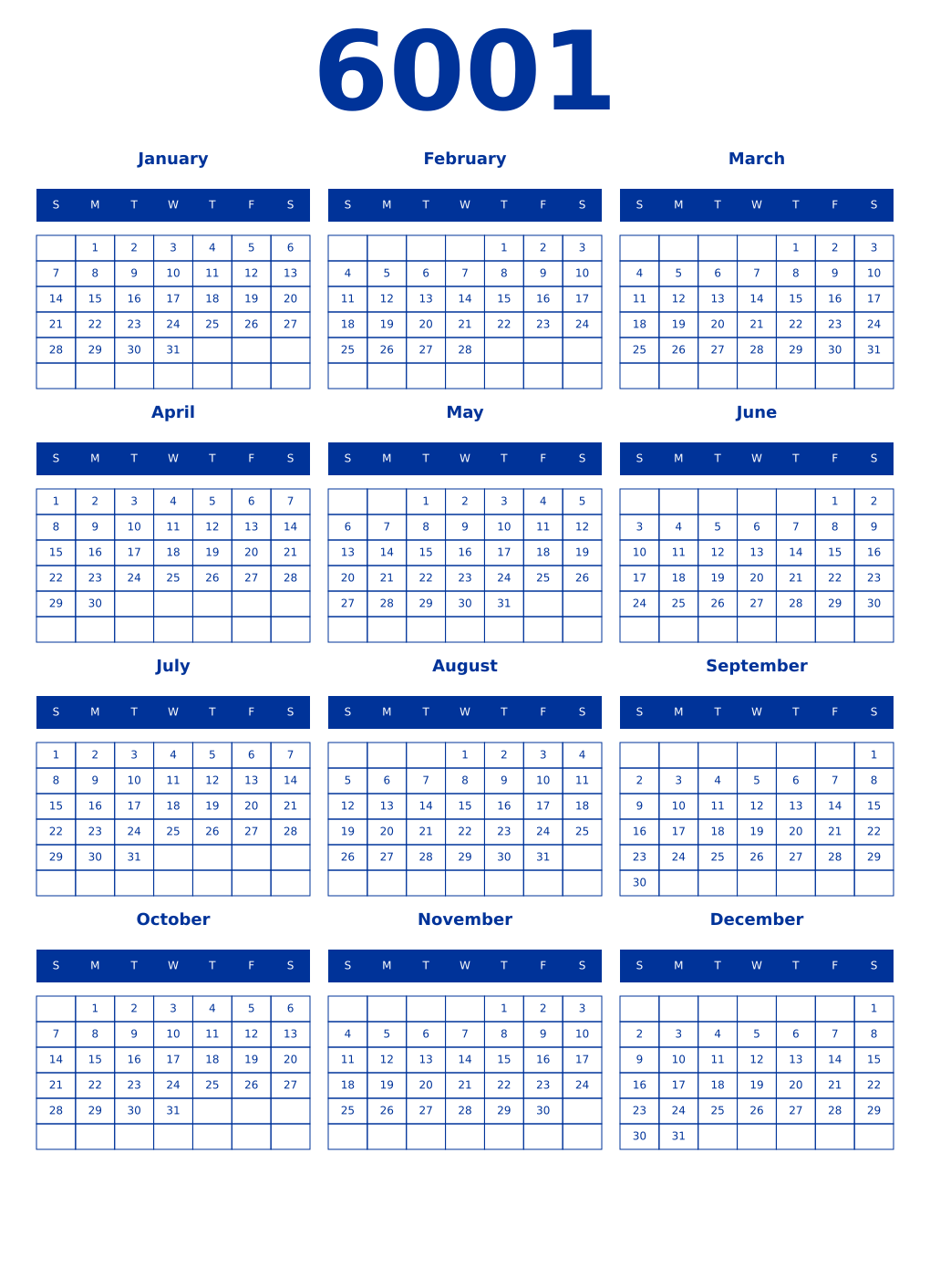 Printable 6001 Year Calendars smalt