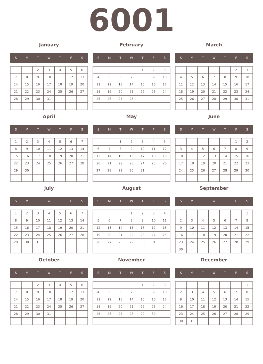 Printable 6001 Year Calendars wenge
