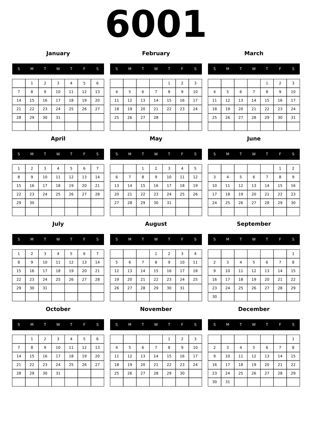 Printable 6001 Calendars