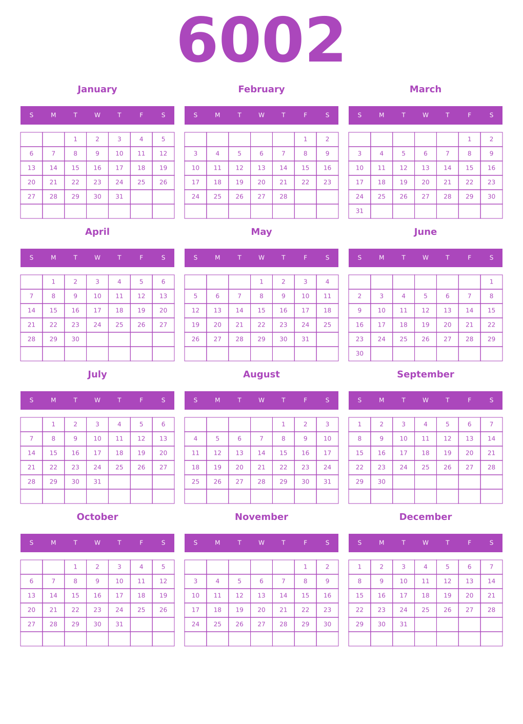 Printable 6002 Calendars