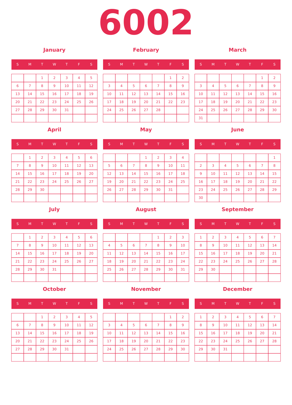 Printable 6002 Year Calendars amaranth