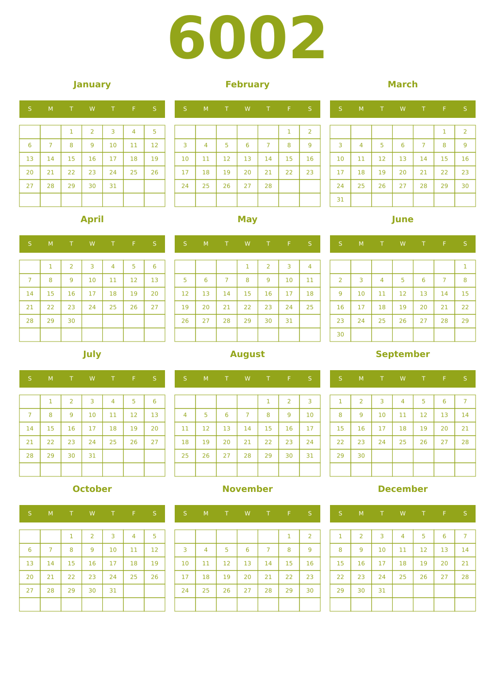 Printable 6002 Year Calendars chartreuse