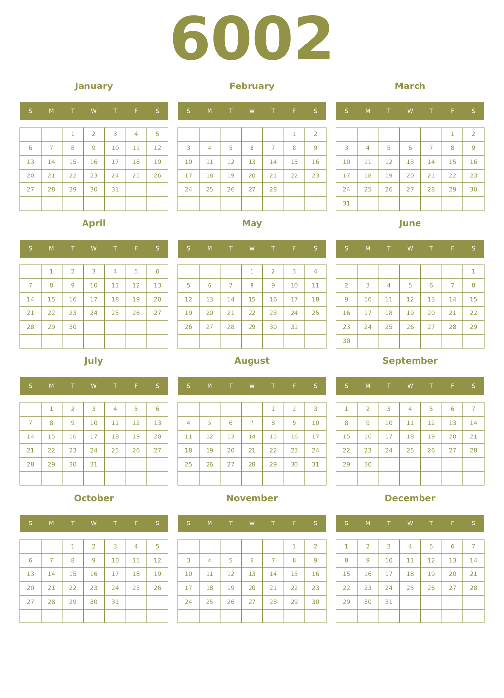 Printable 6002 Year Calendars eburnean
