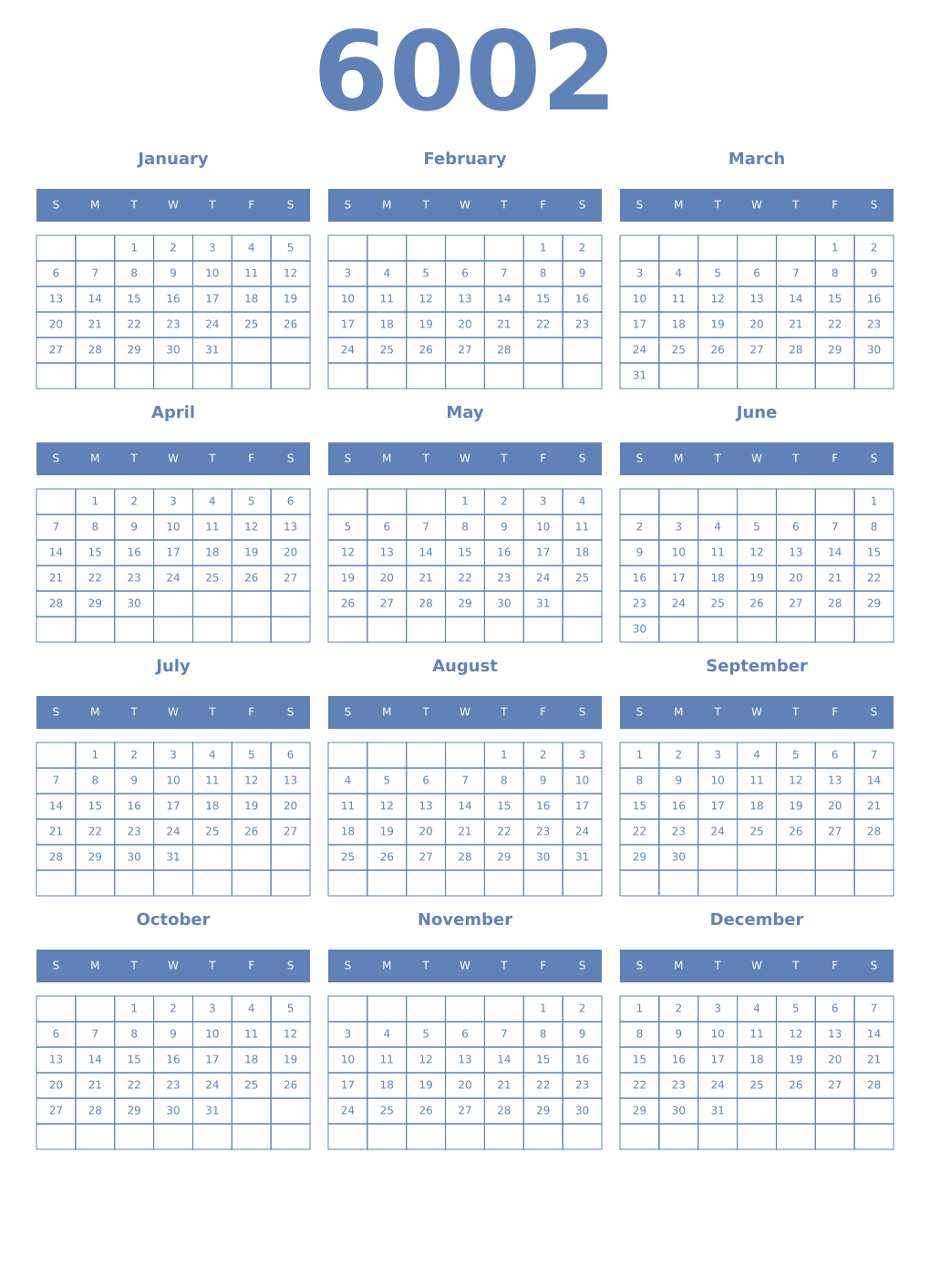 Printable 6002 Year Calendars glaucous