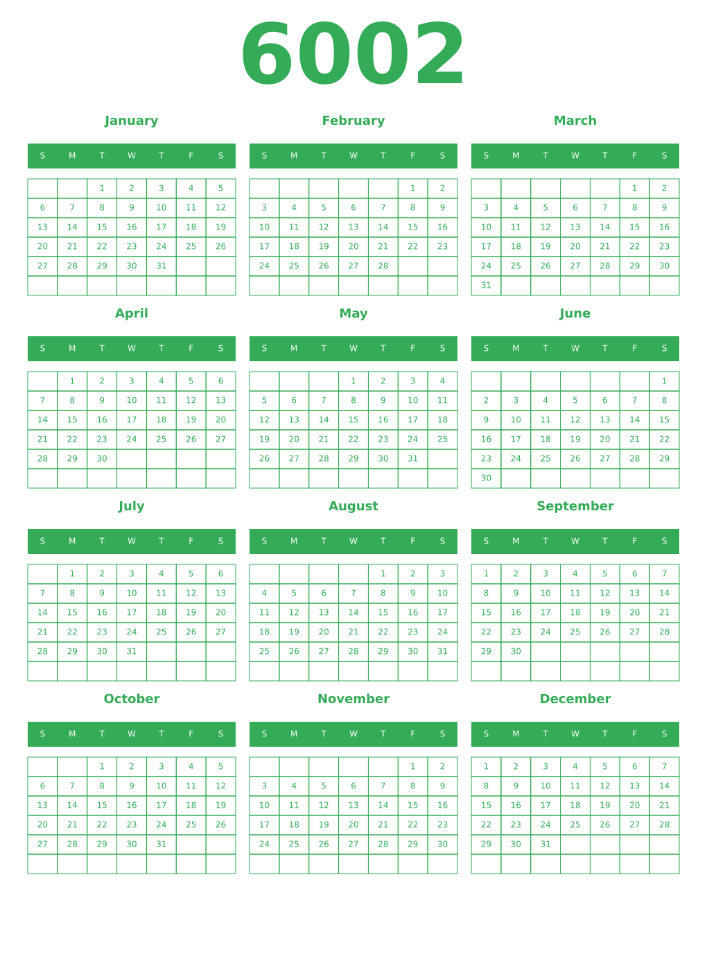 Printable 6002 Year Calendars green