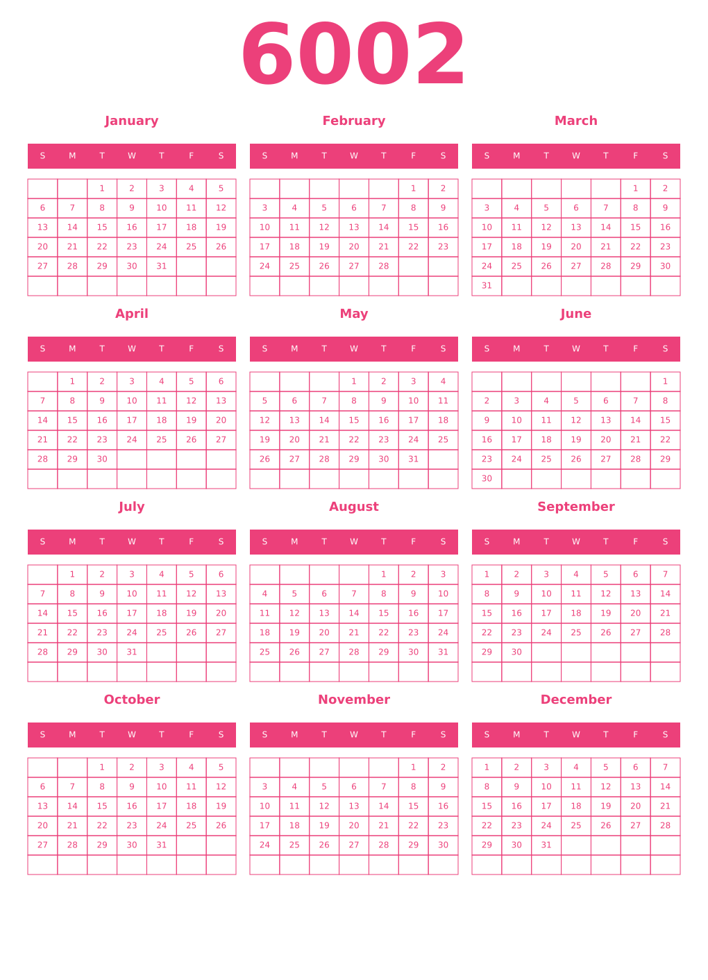 Printable 6002 Year Calendars pink