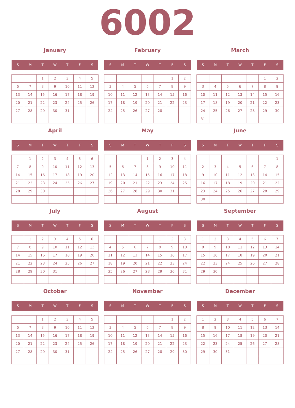 Printable 6002 Year Calendars puce
