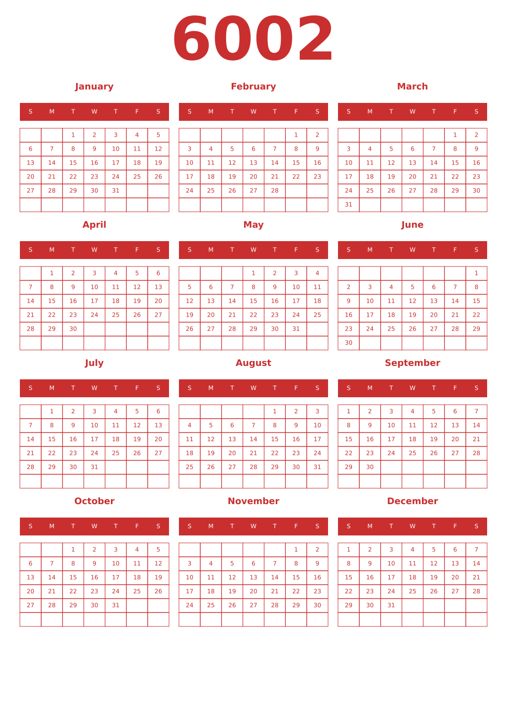 Printable 6002 Year Calendars red
