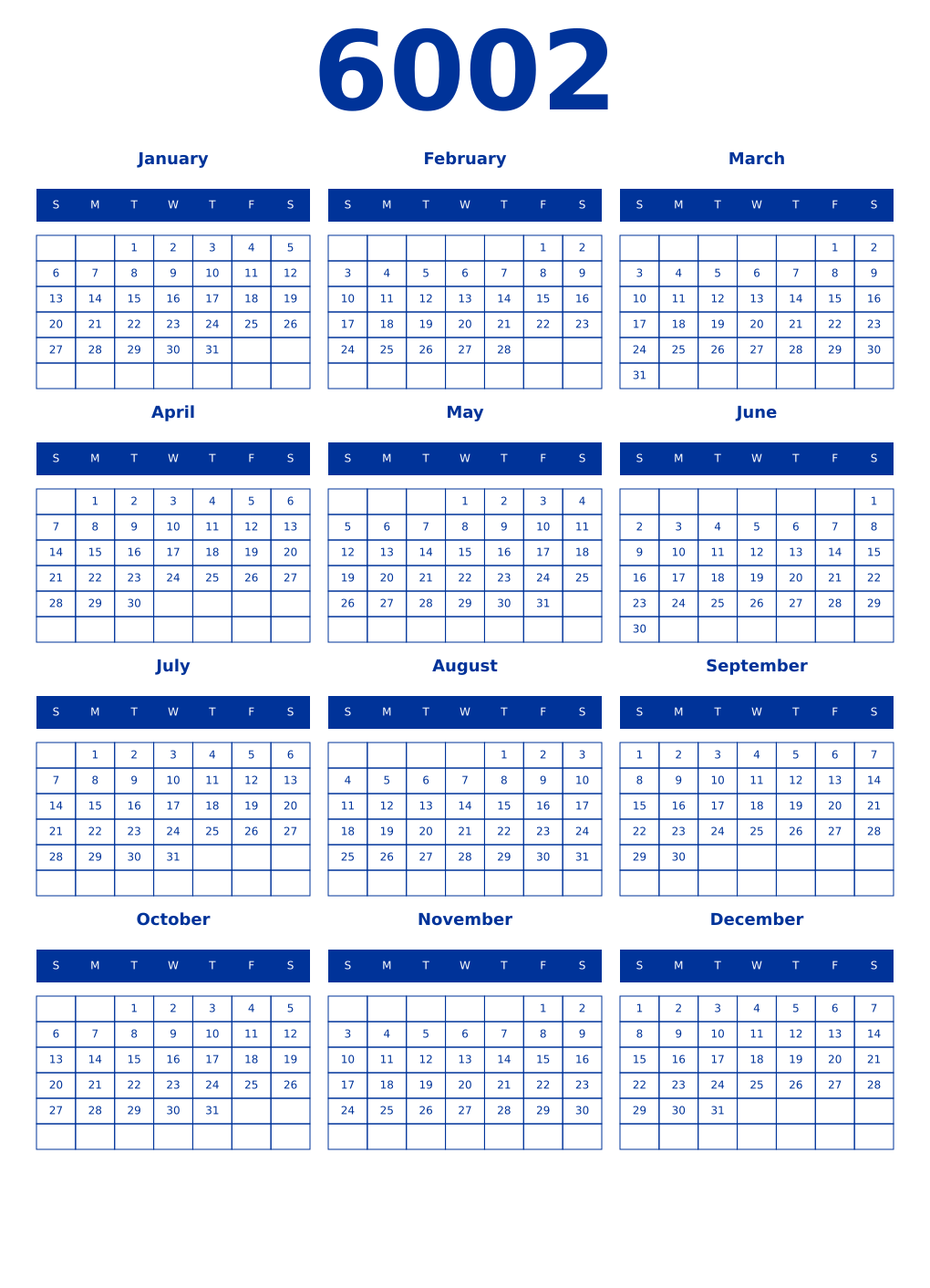 Printable 6002 Year Calendars smalt