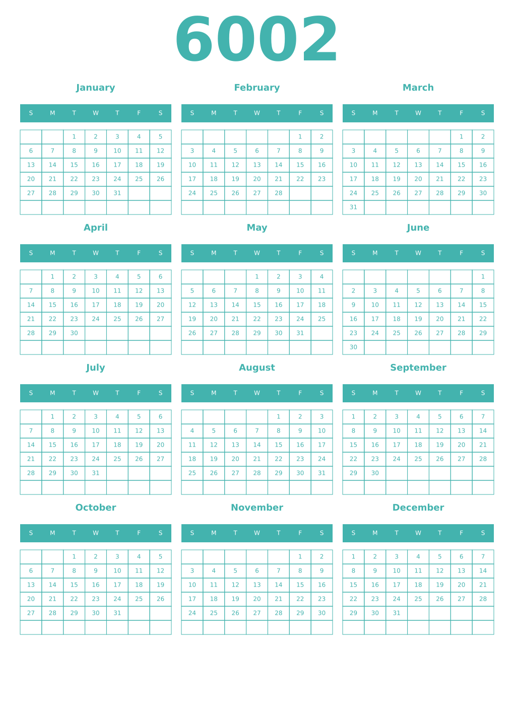 Printable 6002 Year Calendars verdigris