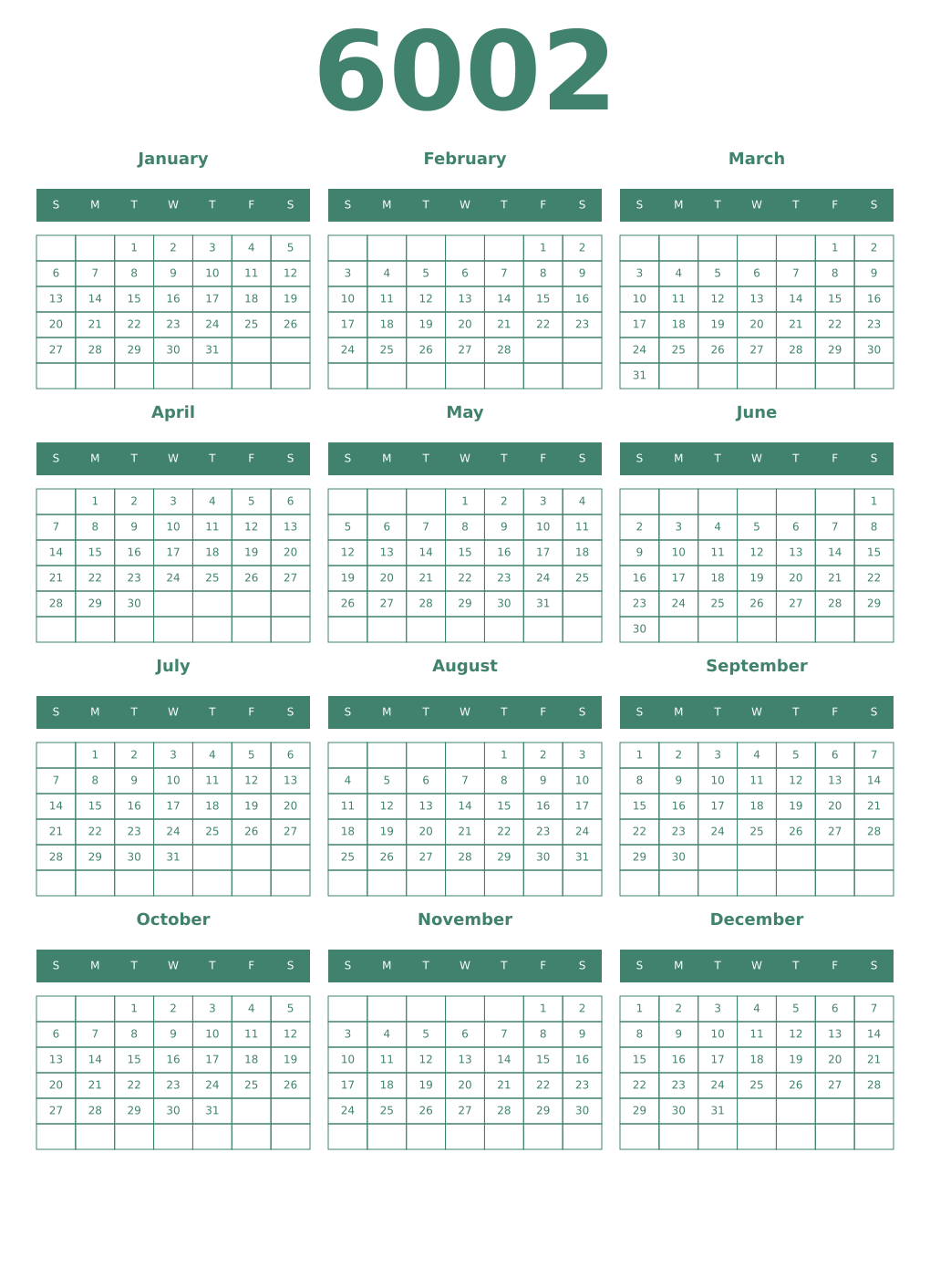 Printable 6002 Year Calendars viridian