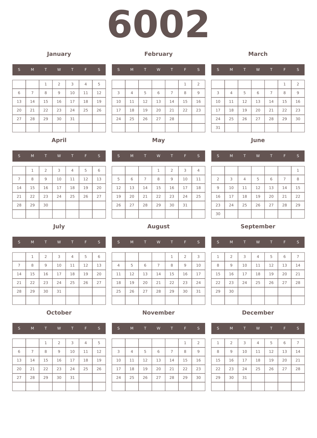 Printable 6002 Year Calendars wenge