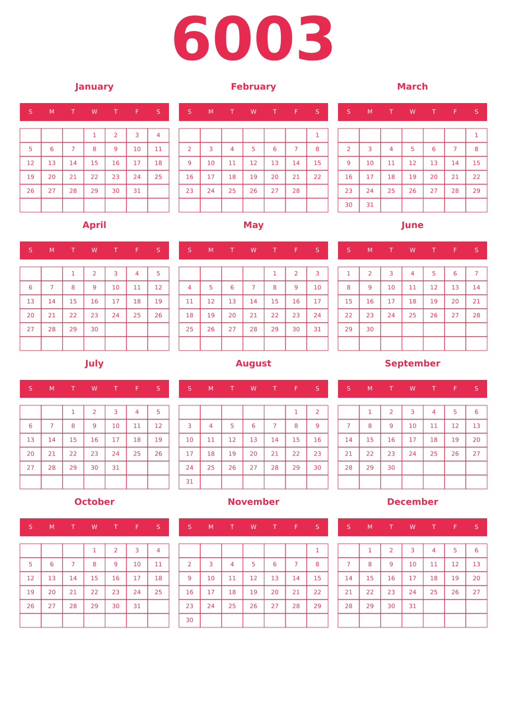 Printable 6003 Year Calendars amaranth