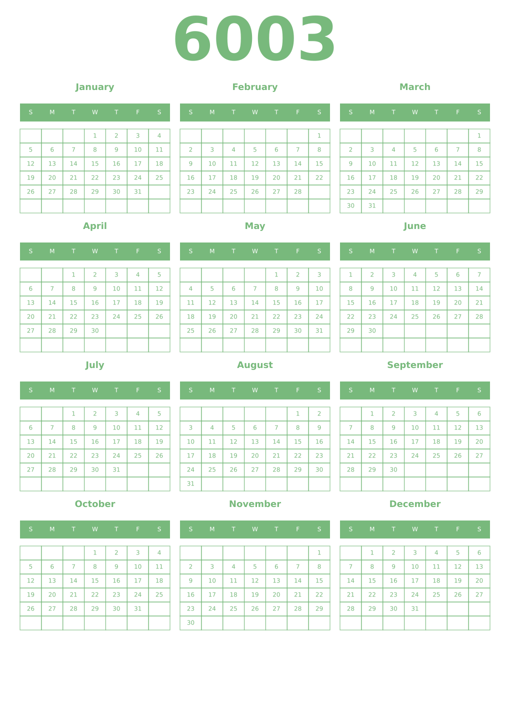 Printable 6003 Year Calendars celadon
