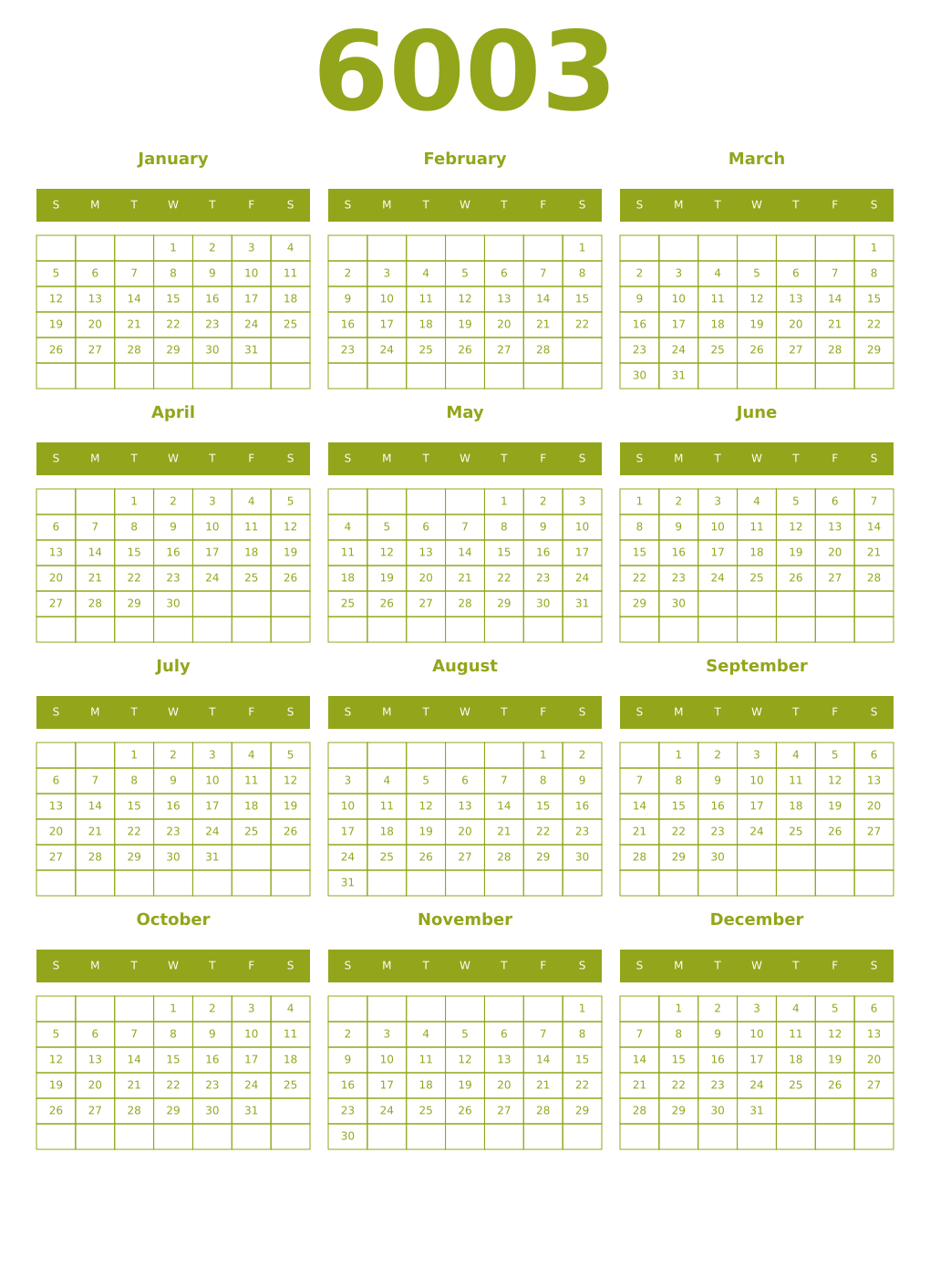 Printable 6003 Year Calendars chartreuse