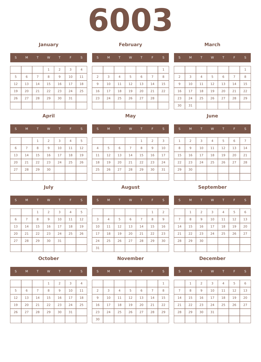 Printable 6003 Year Calendars coffe