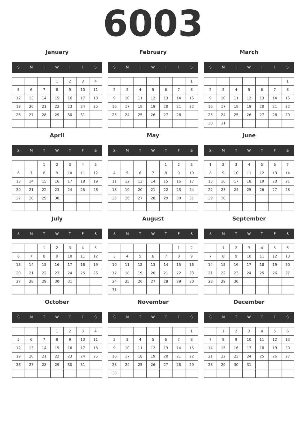 Printable 6003 Year Calendars dark