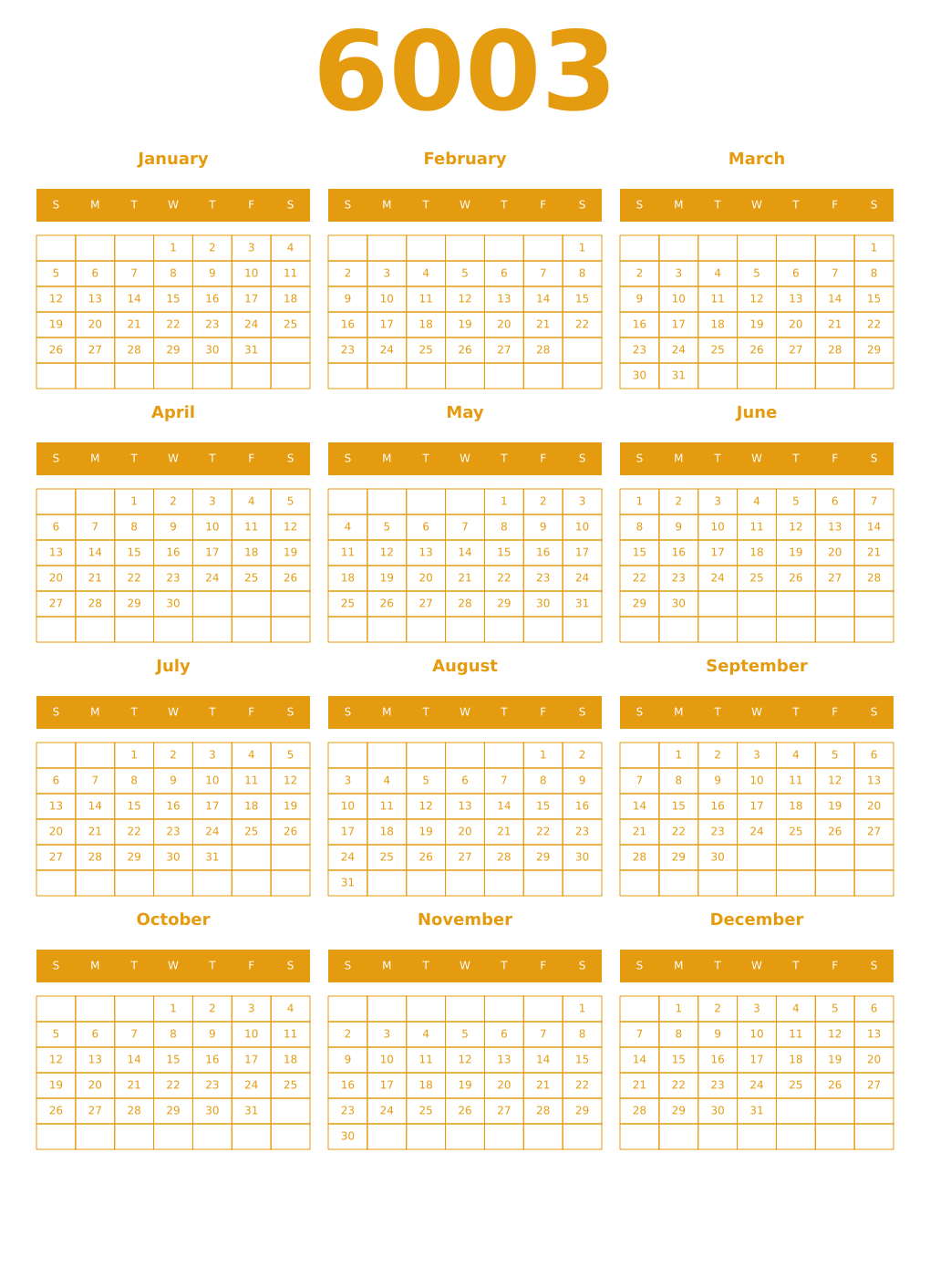Printable 6003 Year Calendars gamboge