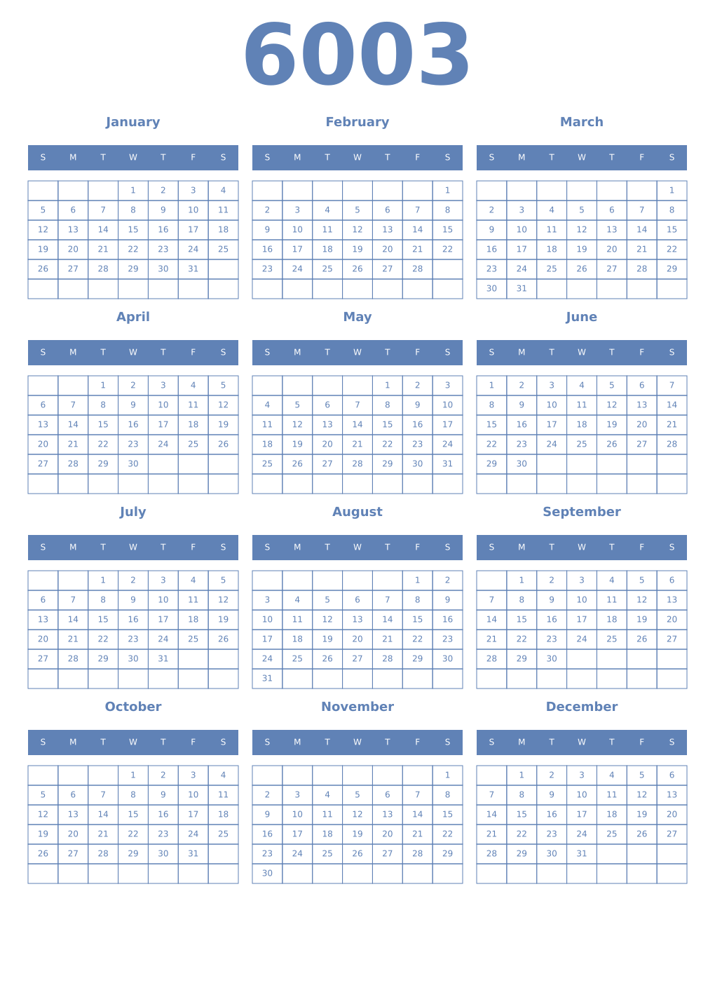 Printable 6003 Year Calendars glaucous