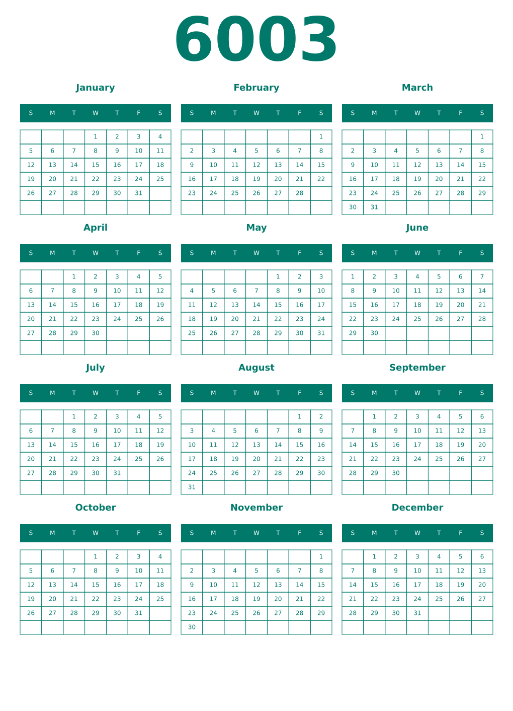 Printable 6003 Year Calendars pastel