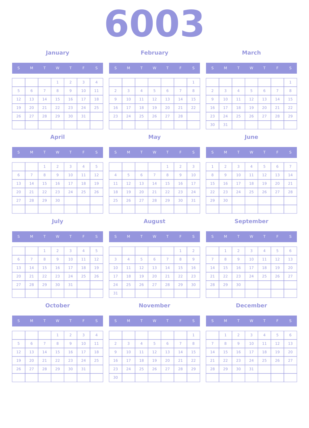 Printable 6003 Year Calendars periwinkle