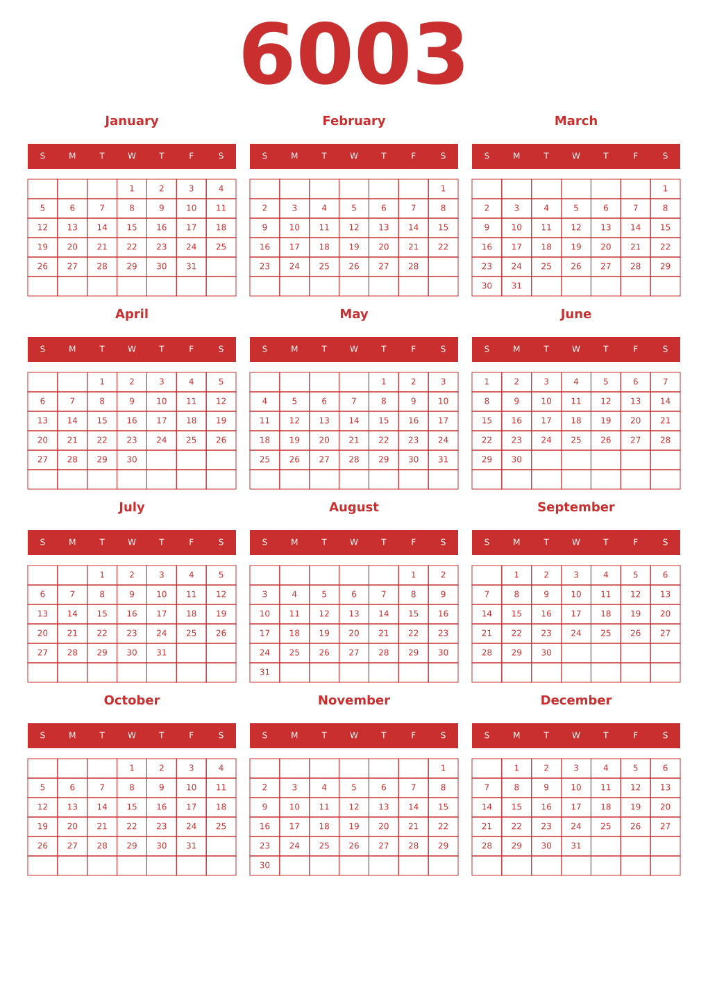 Printable 6003 Year Calendars red