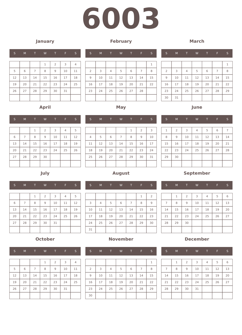 Printable 6003 Year Calendars wenge